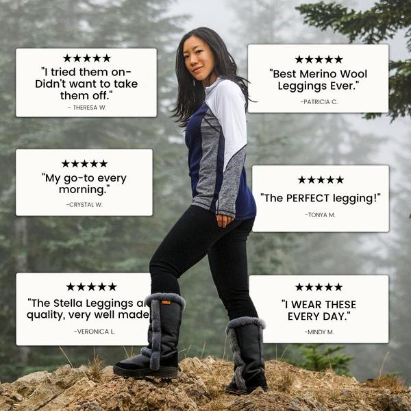 A 1:1 square ad format featuring six distinct five-star customer reviews overlaid on a high-quality lifestyle shot of a model wearing the leggings.
